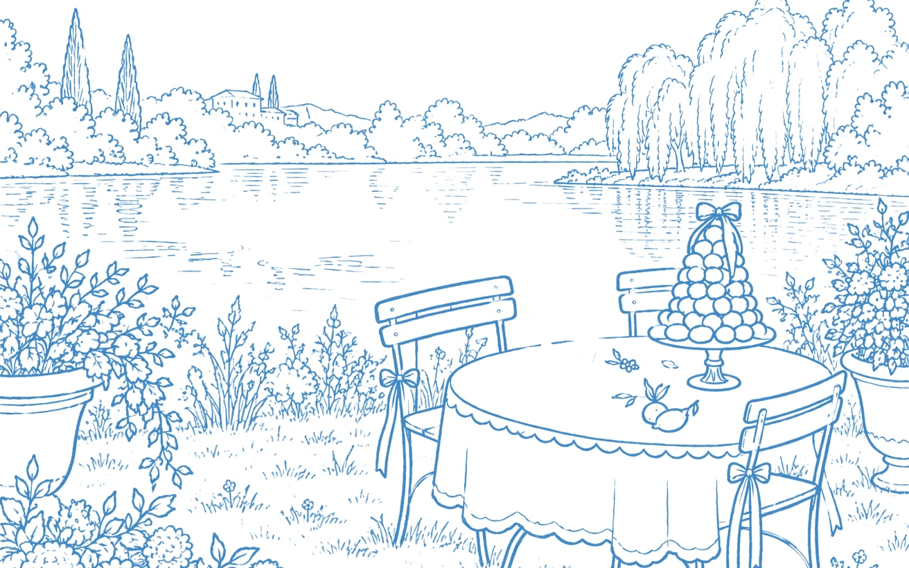 Dessin à l'encre bleue : une table dressée au bord de l'étang, avec deux coupes de champagne, une pièce montée et des chaises nouées de rubans ; deux canards nagent sur l'eau.